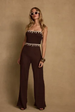 Clearance Adella Espresso Shell Trimmed Jumpsuit Seashells + Wedding Bells|Jumpsuits + Rompers