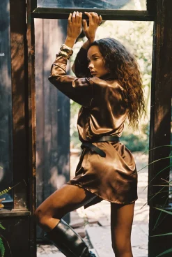 Best After Dark Bronze Metallic Satin Mini Dress Party Dresses|Day Dresses