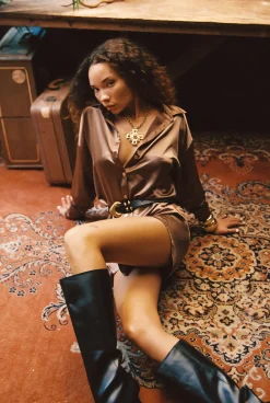 Best After Dark Bronze Metallic Satin Mini Dress Party Dresses|Day Dresses