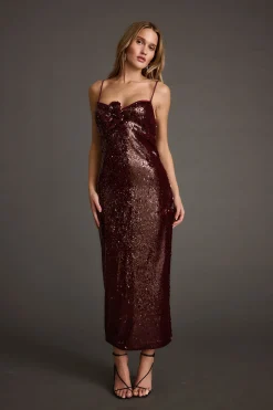 Online All For You Merlot Sequin Rosette Midi Dress Party Dresses|Wedding Guest Dresses