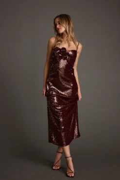 Online All For You Merlot Sequin Rosette Midi Dress Party Dresses|Wedding Guest Dresses