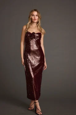 Online All For You Merlot Sequin Rosette Midi Dress Party Dresses|Wedding Guest Dresses