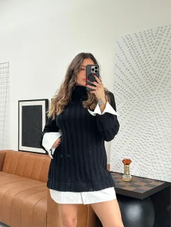 New Allison Black Long Sleeve Knit Mini Dress Long Sleeves|Day Dresses