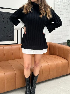 New Allison Black Long Sleeve Knit Mini Dress Long Sleeves|Day Dresses