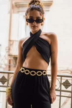 Sale Amalfi Black Linen Halter Top Tees + Tanks|Vacation Tops