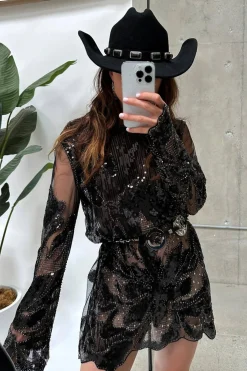 Online Amber Nights Black Beaded Mini Dress Western Bachelorette|Festival Restocked