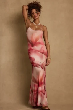 Sale Amora Pink Floral Mesh Maxi Dress Date Night Dresses|Party Dresses