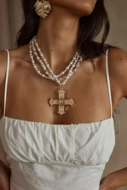 Online Angelica Gold Pearl Cross Statement Necklace Jewelry|Golden Hour Bachelorette