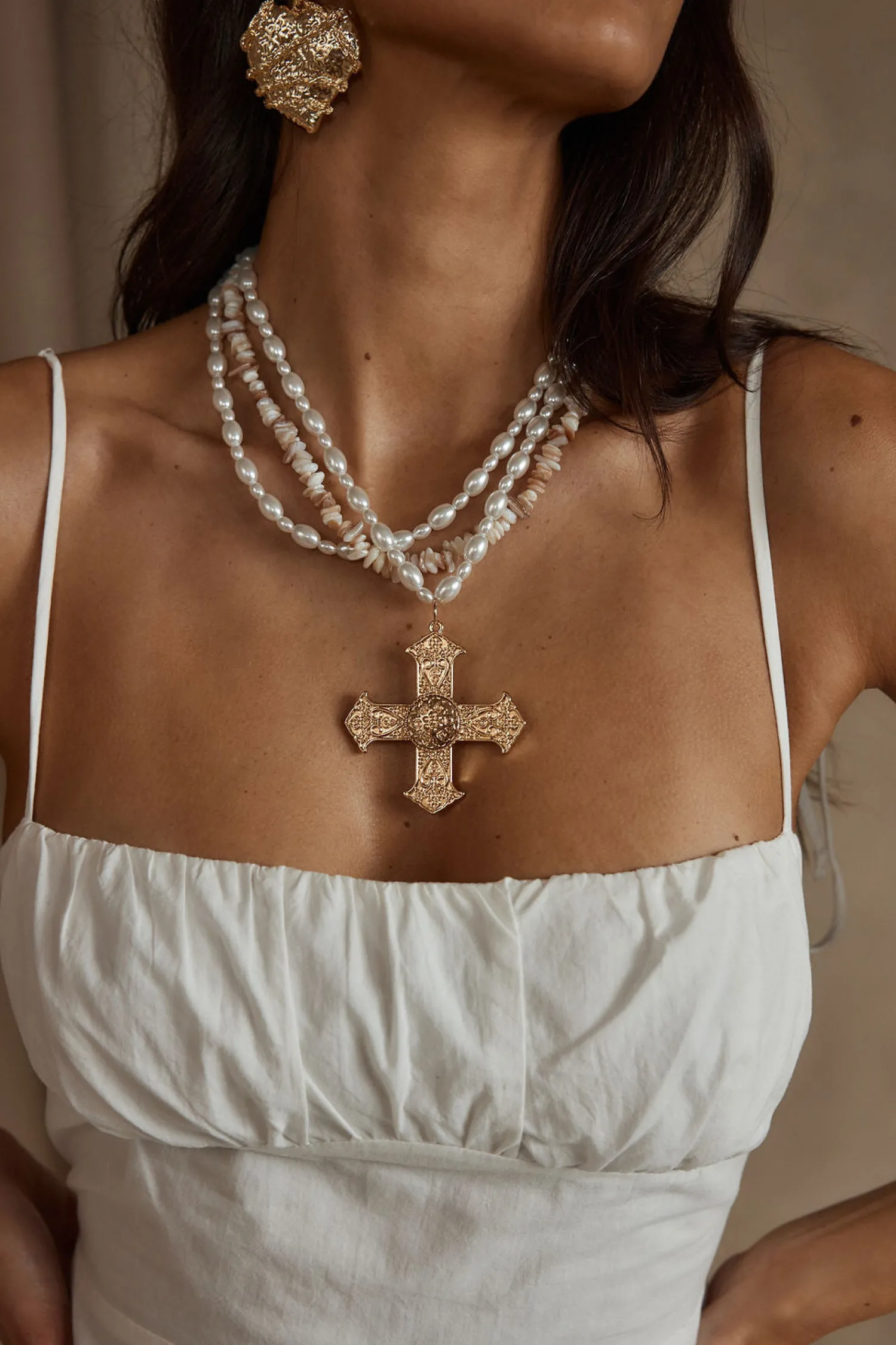 Online Angelica Gold Pearl Cross Statement Necklace Jewelry|Golden Hour Bachelorette
