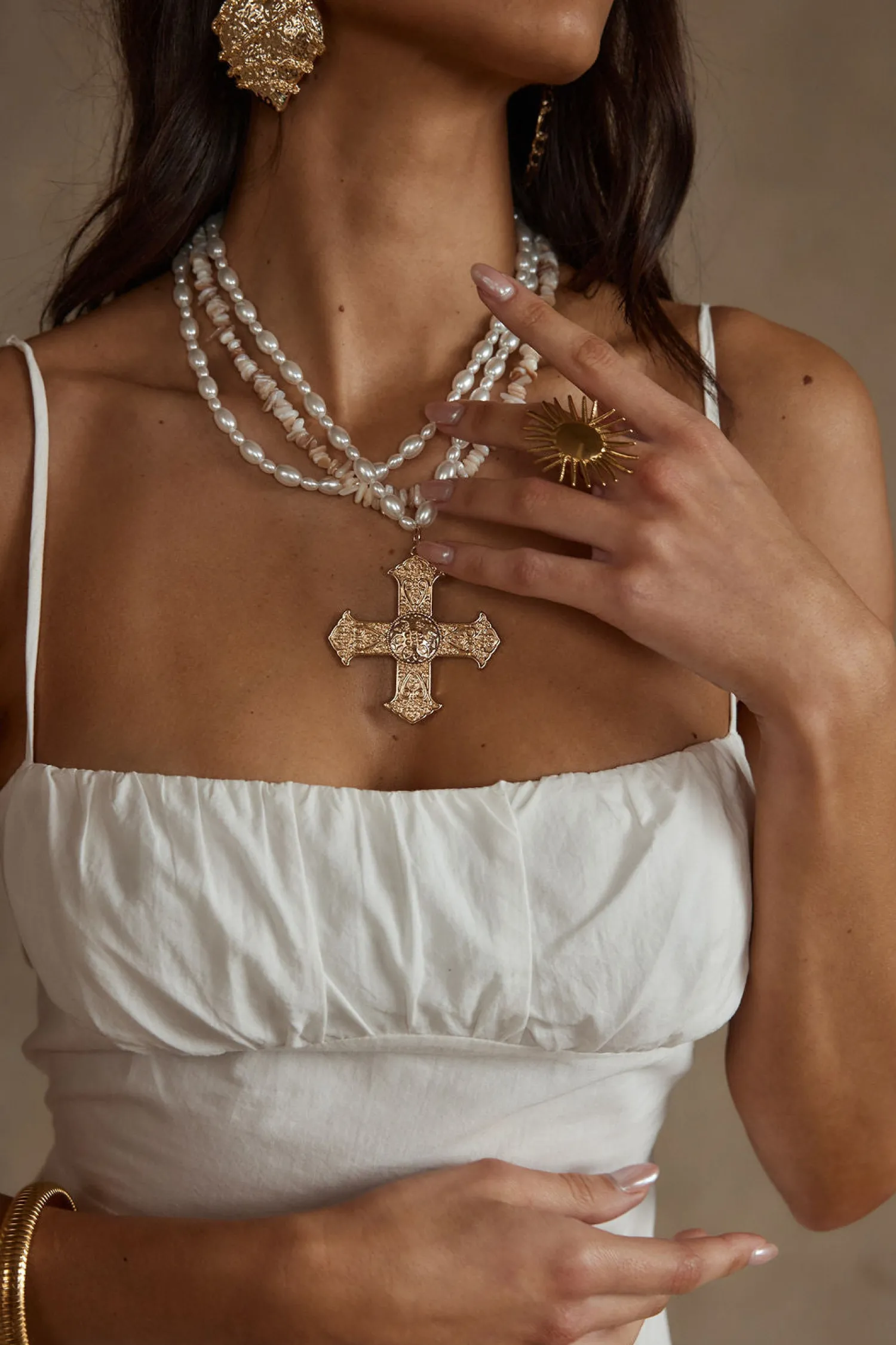 Online Angelica Gold Pearl Cross Statement Necklace Jewelry|Golden Hour Bachelorette