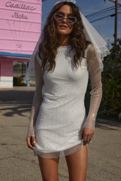 Clearance Anna White Rhinestone Mesh Mini Dress Golden Hour Bachelorette|Honeymoon