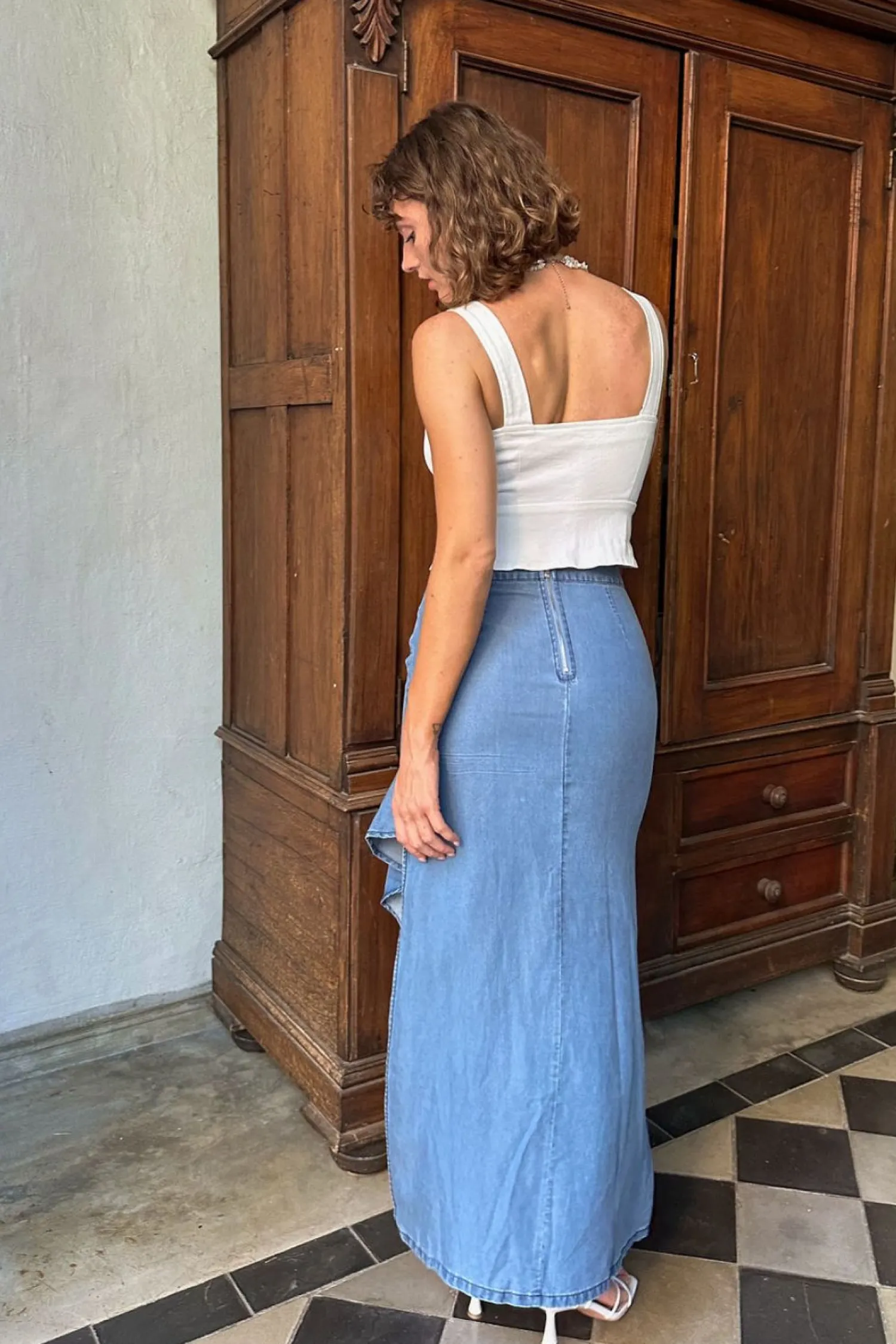 Clearance Annabelle Denim Ruffle Trim Maxi Skirt Denim|Skirts