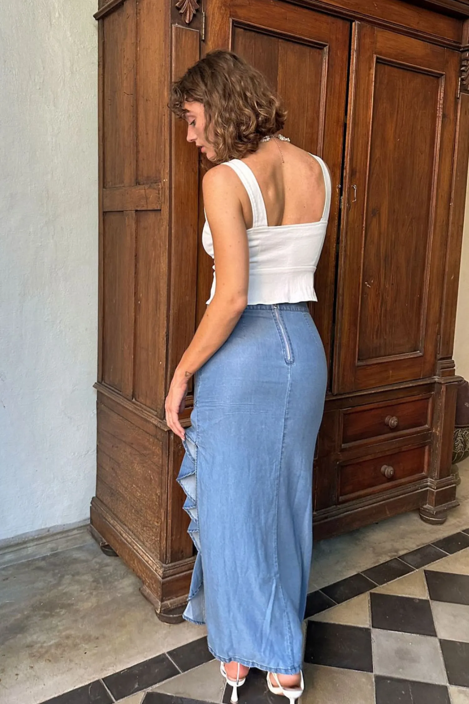 Clearance Annabelle Denim Ruffle Trim Maxi Skirt Denim|Skirts
