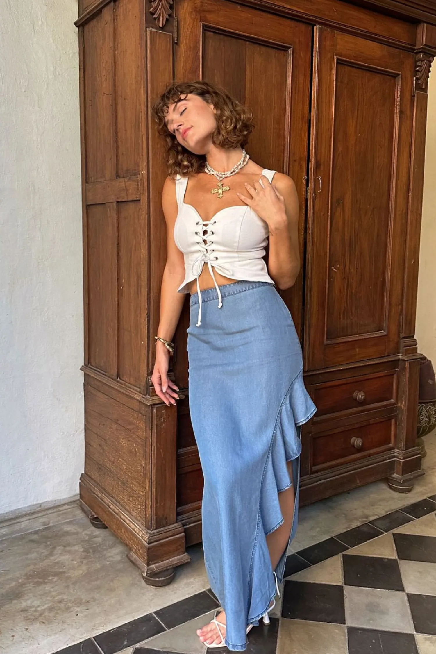Clearance Annabelle Denim Ruffle Trim Maxi Skirt Denim|Skirts