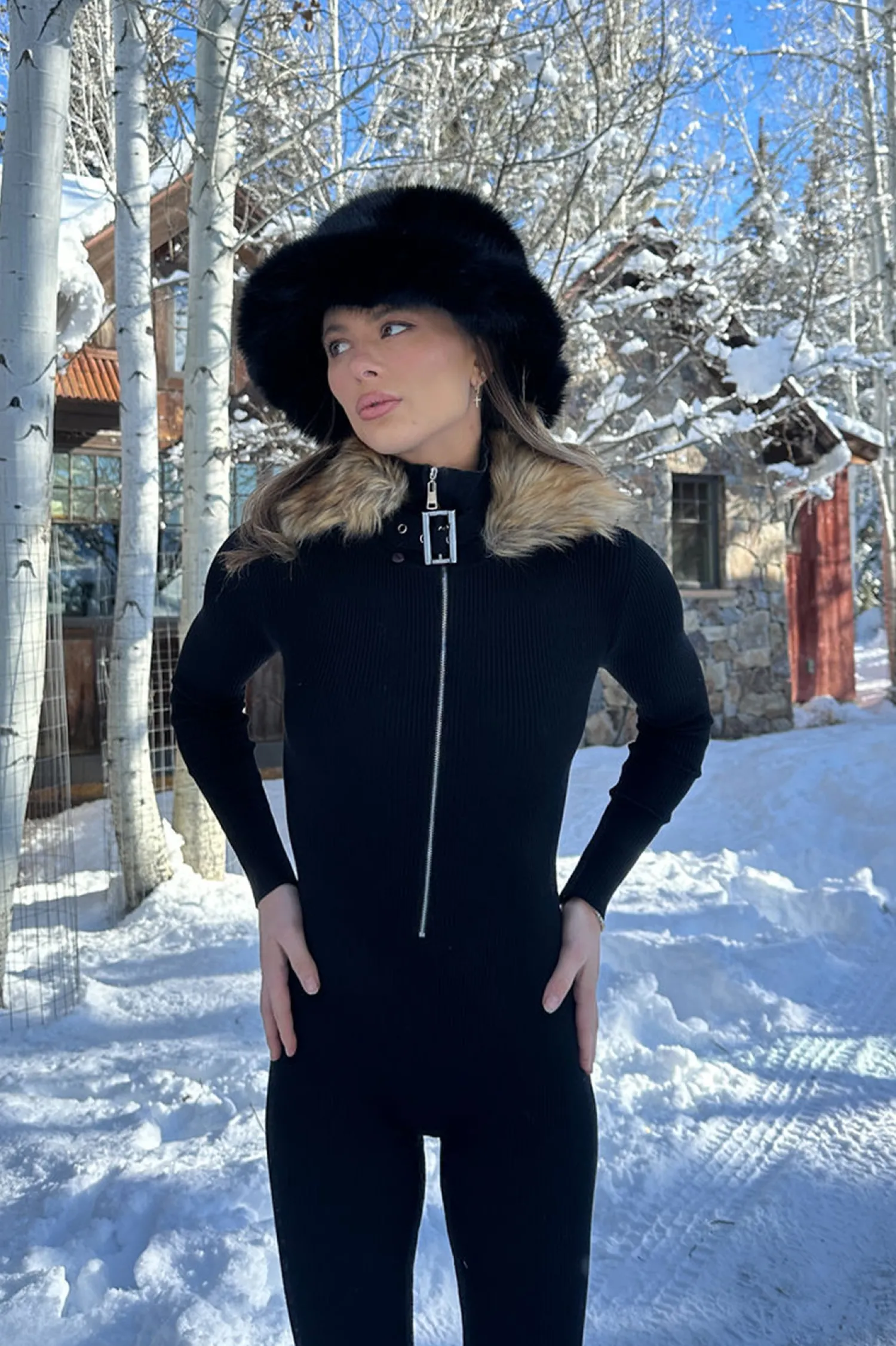 Fashion Apres Faux Fur Trimmed Black Ribbed Knit Jumpsuit Jumpsuits + Rompers