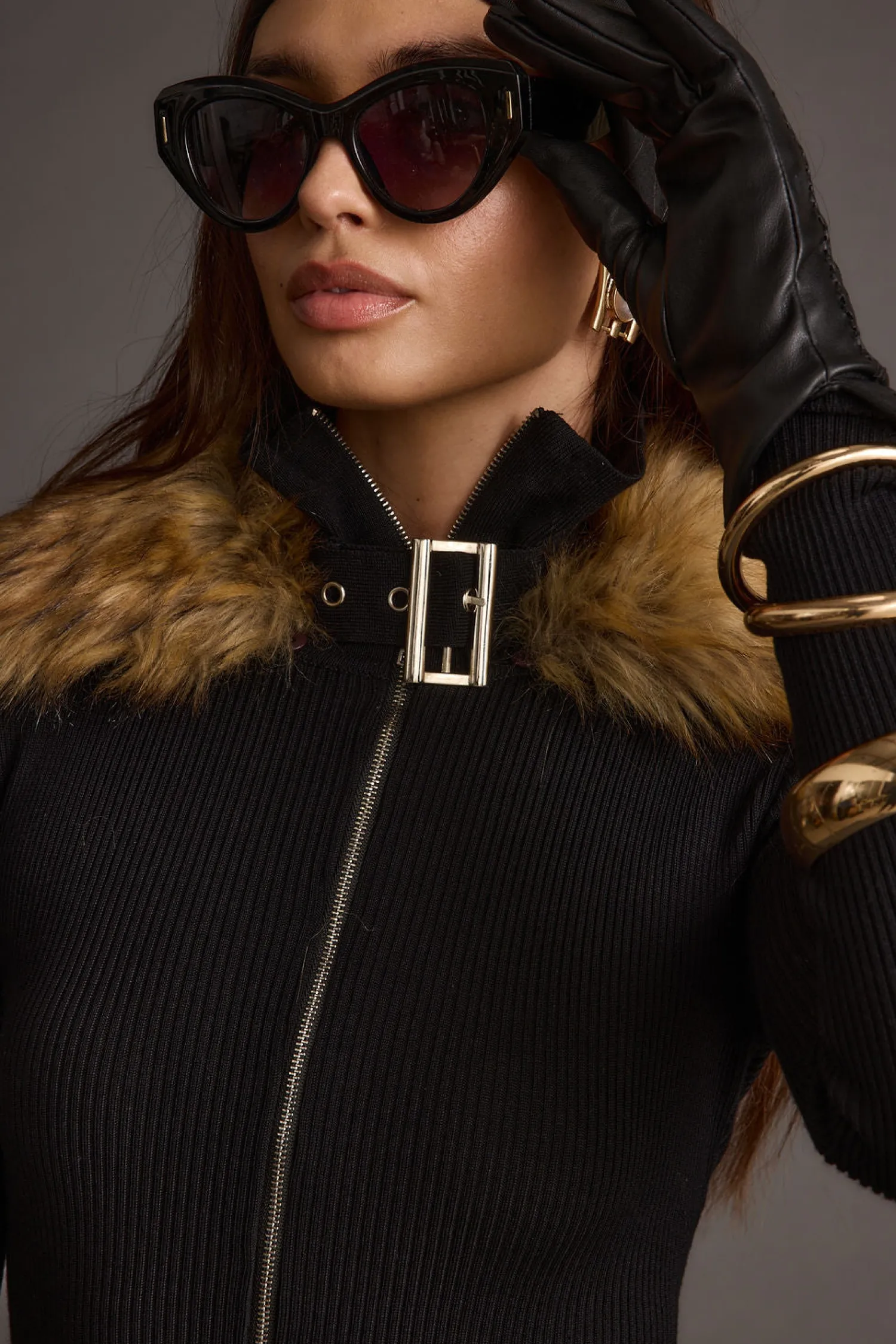 Fashion Apres Faux Fur Trimmed Black Ribbed Knit Jumpsuit Jumpsuits + Rompers