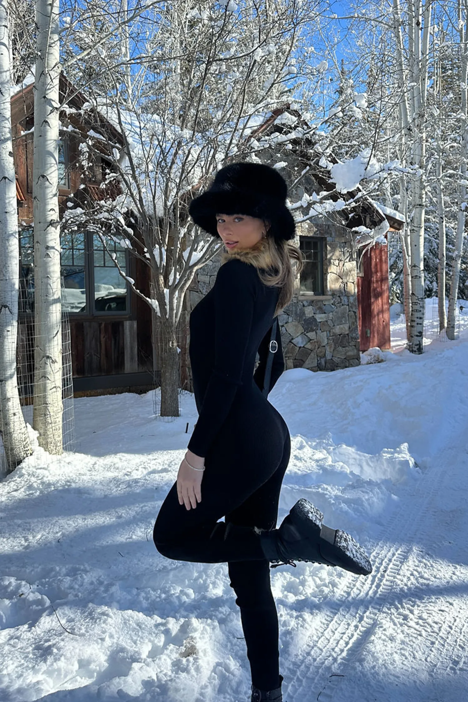 Fashion Apres Faux Fur Trimmed Black Ribbed Knit Jumpsuit Jumpsuits + Rompers