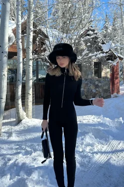 Fashion Apres Faux Fur Trimmed Black Ribbed Knit Jumpsuit Jumpsuits + Rompers