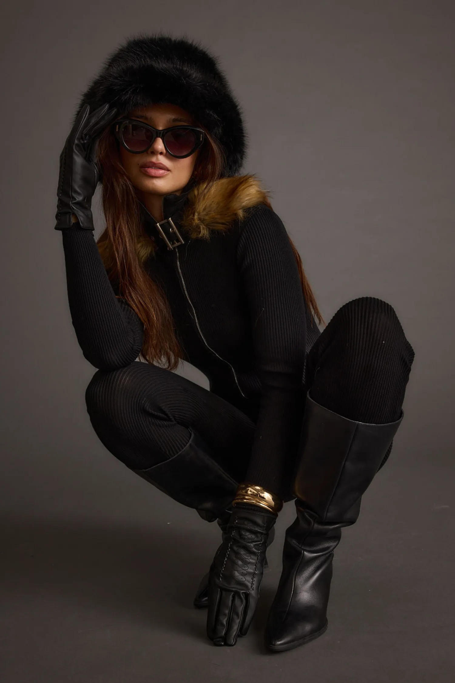 Fashion Apres Faux Fur Trimmed Black Ribbed Knit Jumpsuit Jumpsuits + Rompers
