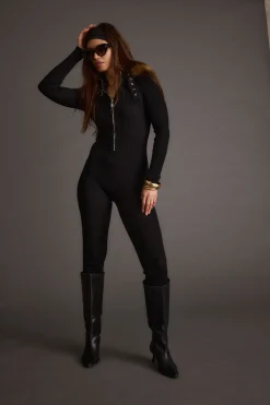 Fashion Apres Faux Fur Trimmed Black Ribbed Knit Jumpsuit Jumpsuits + Rompers