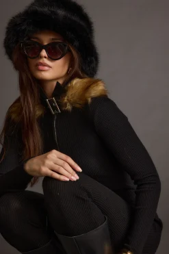Fashion Apres Faux Fur Trimmed Black Ribbed Knit Jumpsuit Jumpsuits + Rompers