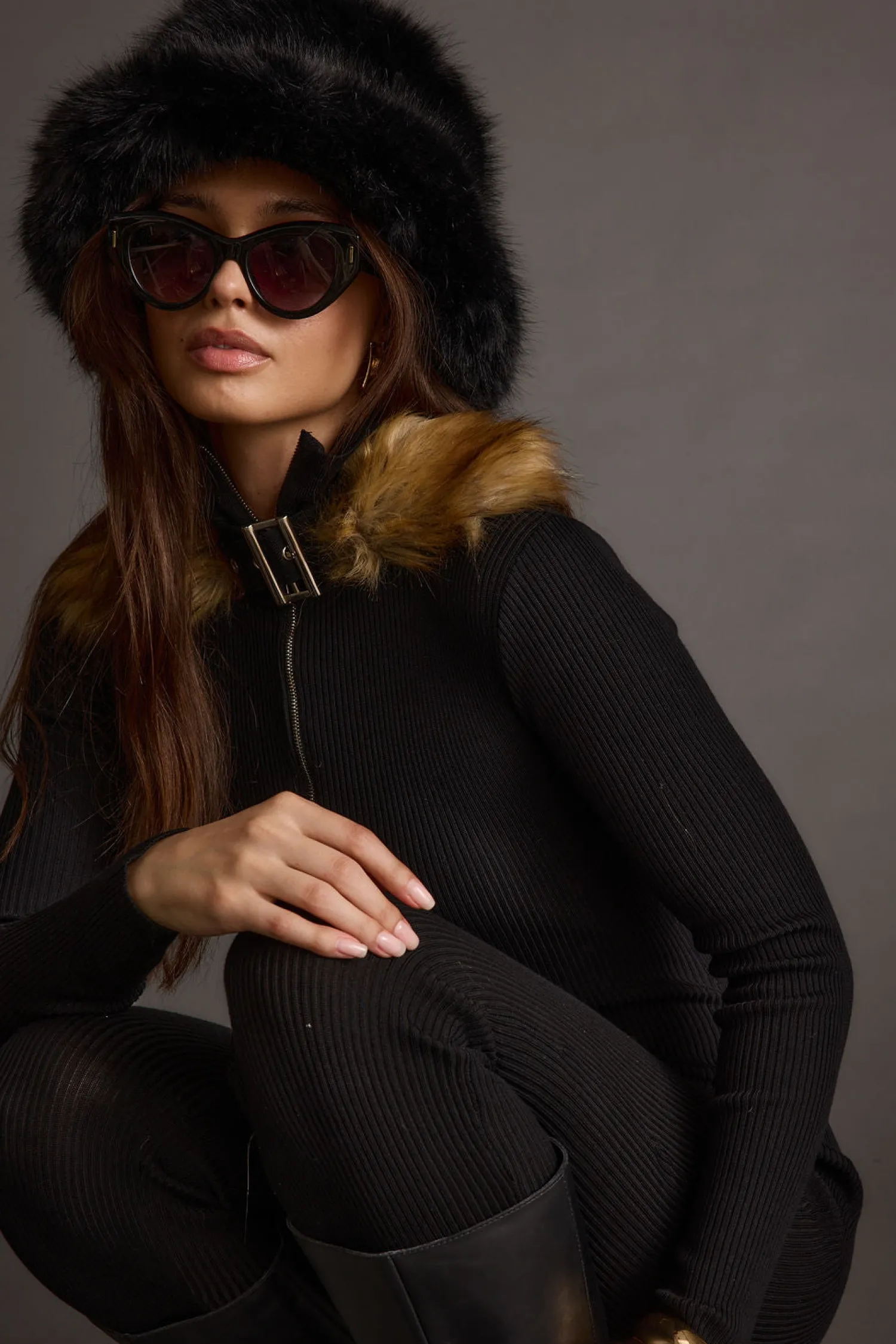 Fashion Apres Faux Fur Trimmed Black Ribbed Knit Jumpsuit Jumpsuits + Rompers