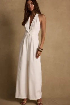 Sale Astoria White Plunge Halter Tailored Jumpsuit The White Edit|Golden Hour Bachelorette