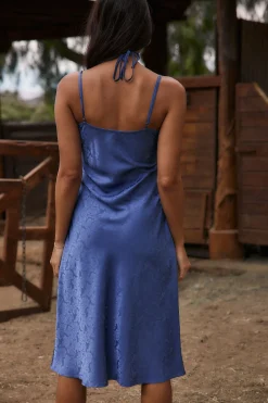 Fashion Aubrey Blue Satin Jacquard Midi Dress Date Night Dresses|Wedding Guest Dresses