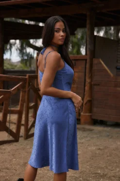 Fashion Aubrey Blue Satin Jacquard Midi Dress Date Night Dresses|Wedding Guest Dresses