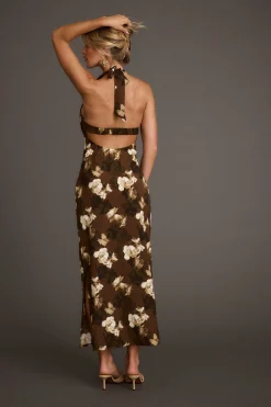 Clearance Audrina Brown Floral Halter Maxi Dress Date Night Dresses|Vacation Dresses