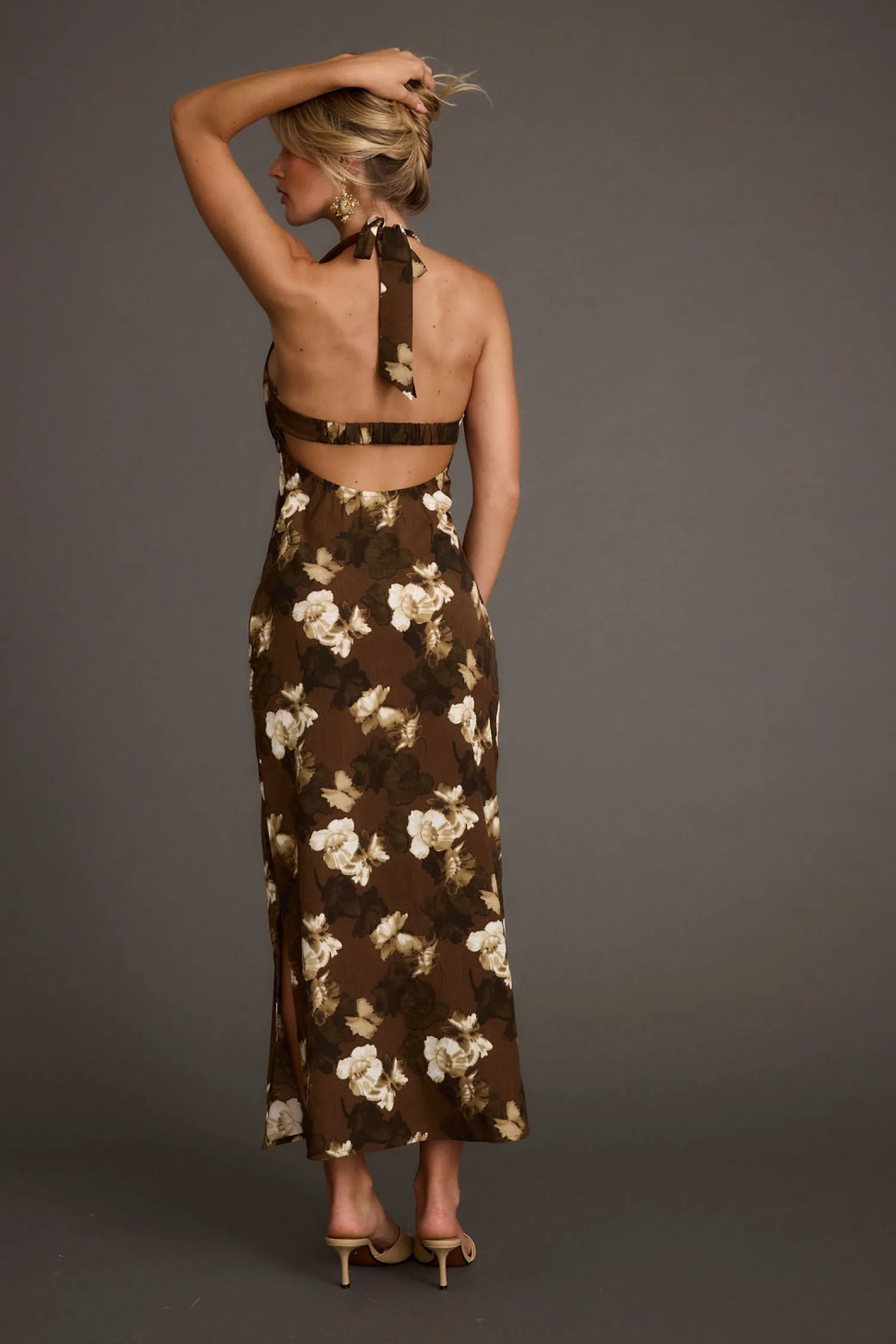 Clearance Audrina Brown Floral Halter Maxi Dress Date Night Dresses|Vacation Dresses