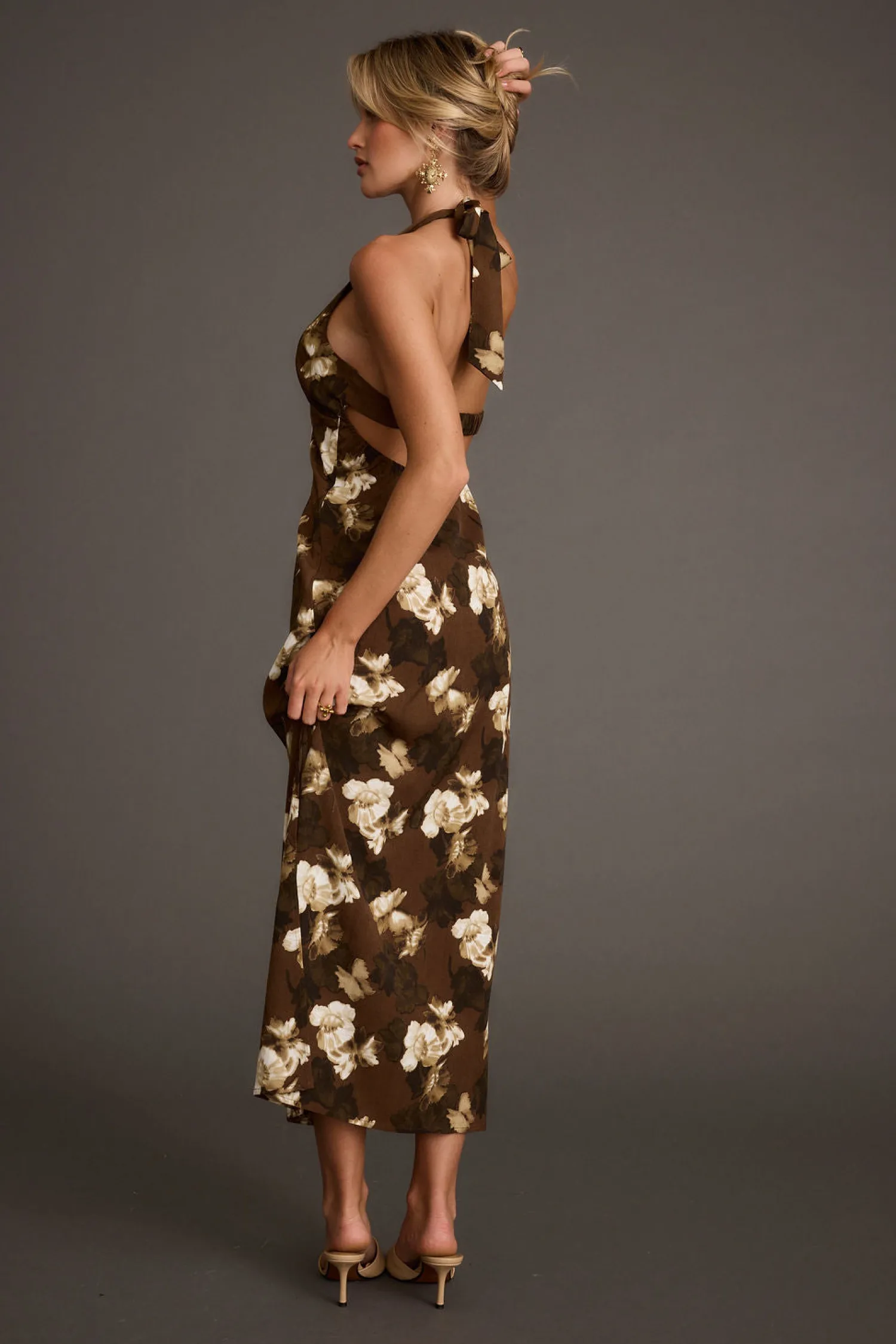 Clearance Audrina Brown Floral Halter Maxi Dress Date Night Dresses|Vacation Dresses