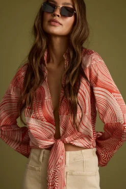 Fashion Augusta Tropical Rust Long Sleeve Tie Top Long Sleeves|Vacation Tops