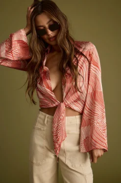 Fashion Augusta Tropical Rust Long Sleeve Tie Top Long Sleeves|Vacation Tops