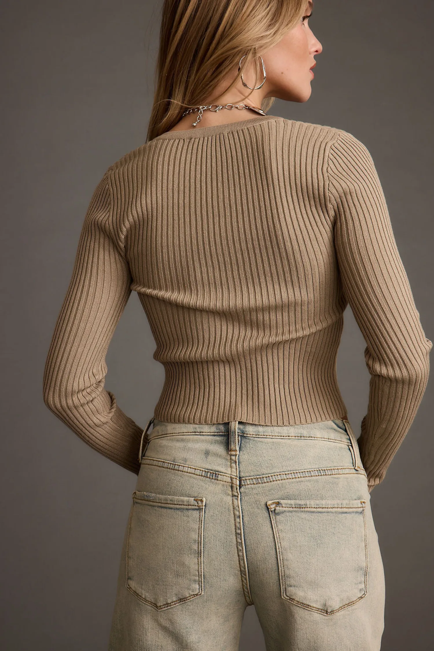 Discount Aurora Taupe Long Sleeve Ribbed Knit Top Long Sleeves