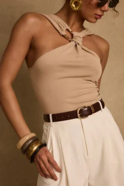 Hot Azula Tan Embellished Halter Top Date Night Tops|Tees + Tanks