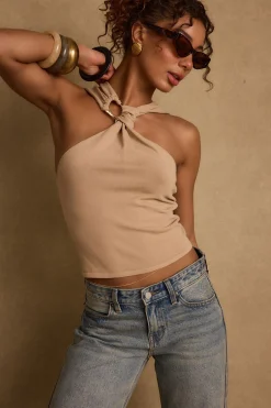 Hot Azula Tan Embellished Halter Top Date Night Tops|Tees + Tanks