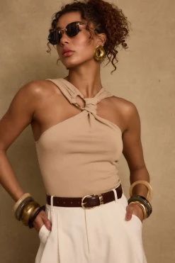 Hot Azula Tan Embellished Halter Top Date Night Tops|Tees + Tanks