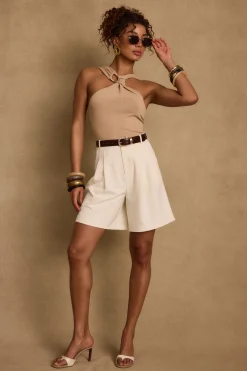Hot Azula Tan Embellished Halter Top Date Night Tops|Tees + Tanks