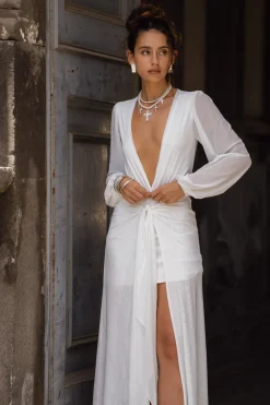 Outlet Bella White Mesh Plunge Maxi Dress The White Edit|Honeymoon