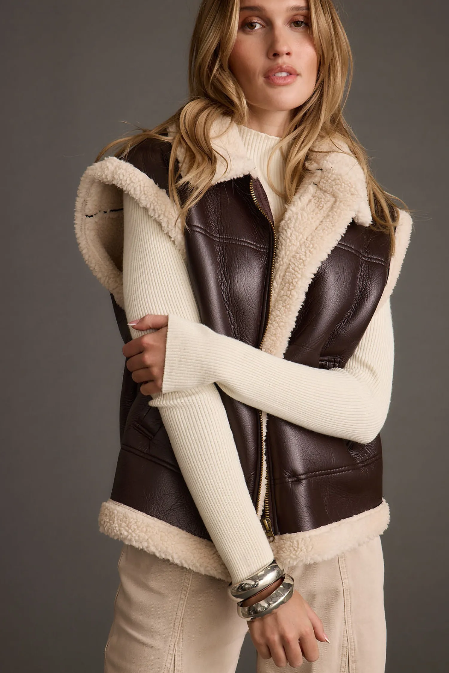 Best Bighorn Oversized Sherpa Vegan Leather Vest Outerwear|Jackets
