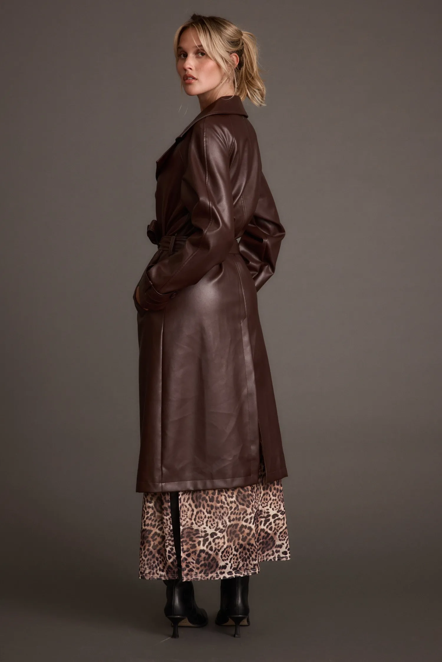 New Brynne Faux Leather Mahogany Brown Trench Outerwear|Jackets