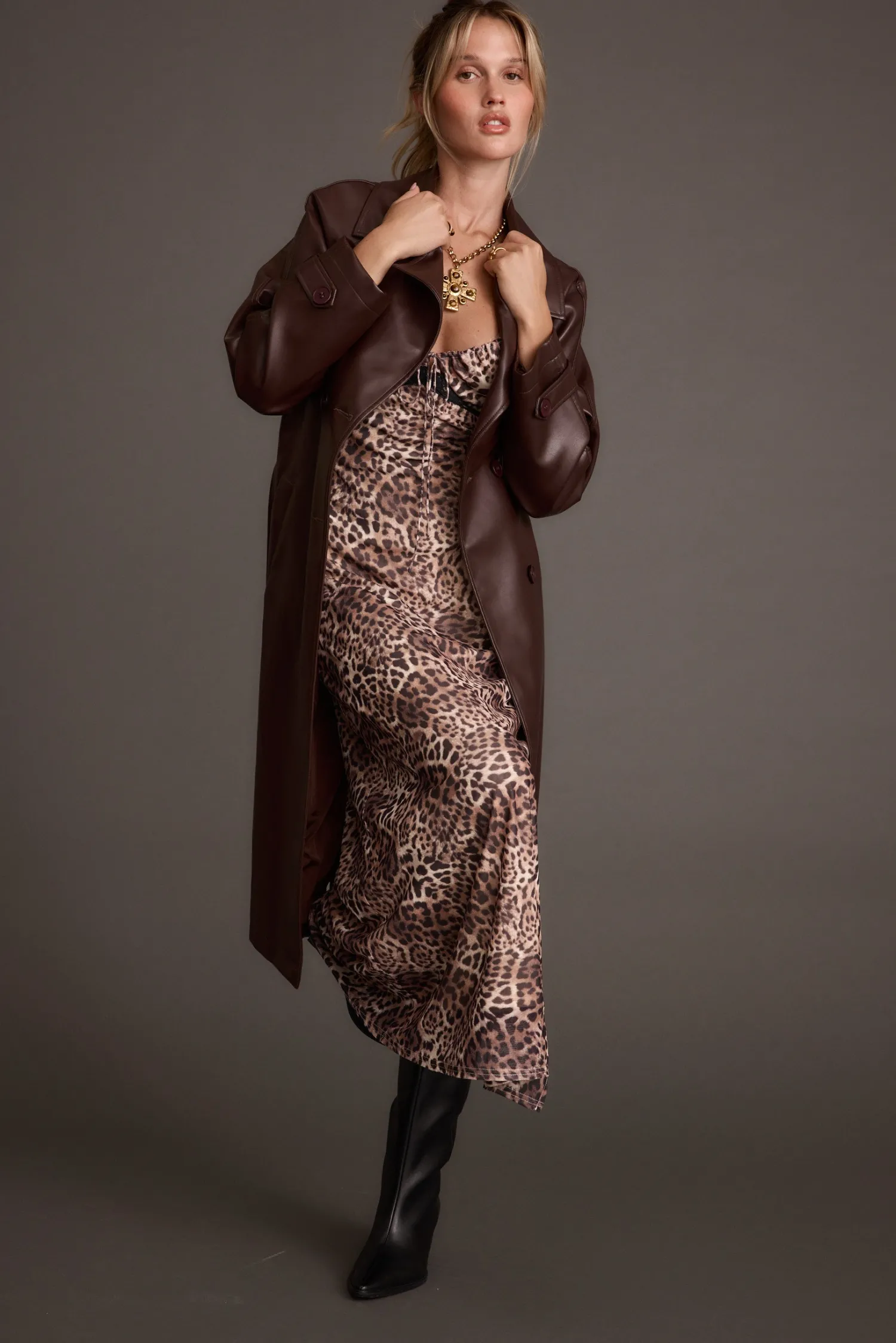 New Brynne Faux Leather Mahogany Brown Trench Outerwear|Jackets