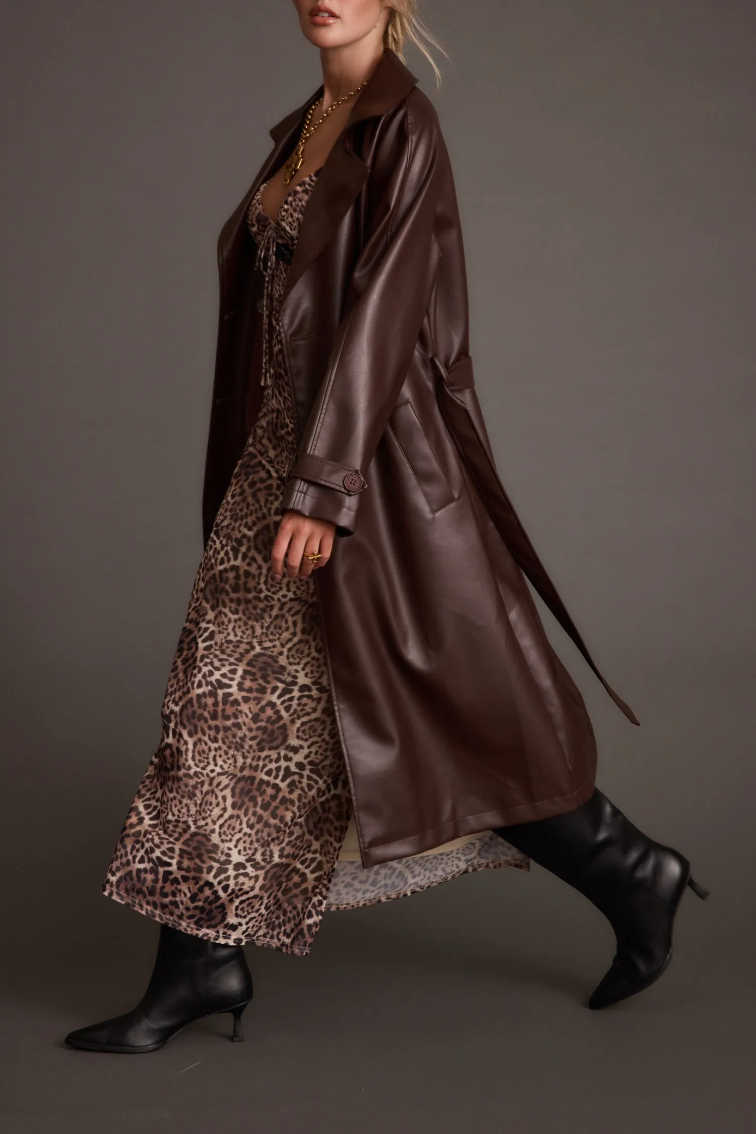 New Brynne Faux Leather Mahogany Brown Trench Outerwear|Jackets