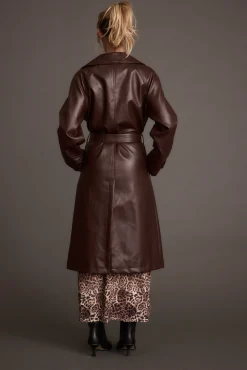 New Brynne Faux Leather Mahogany Brown Trench Outerwear|Jackets
