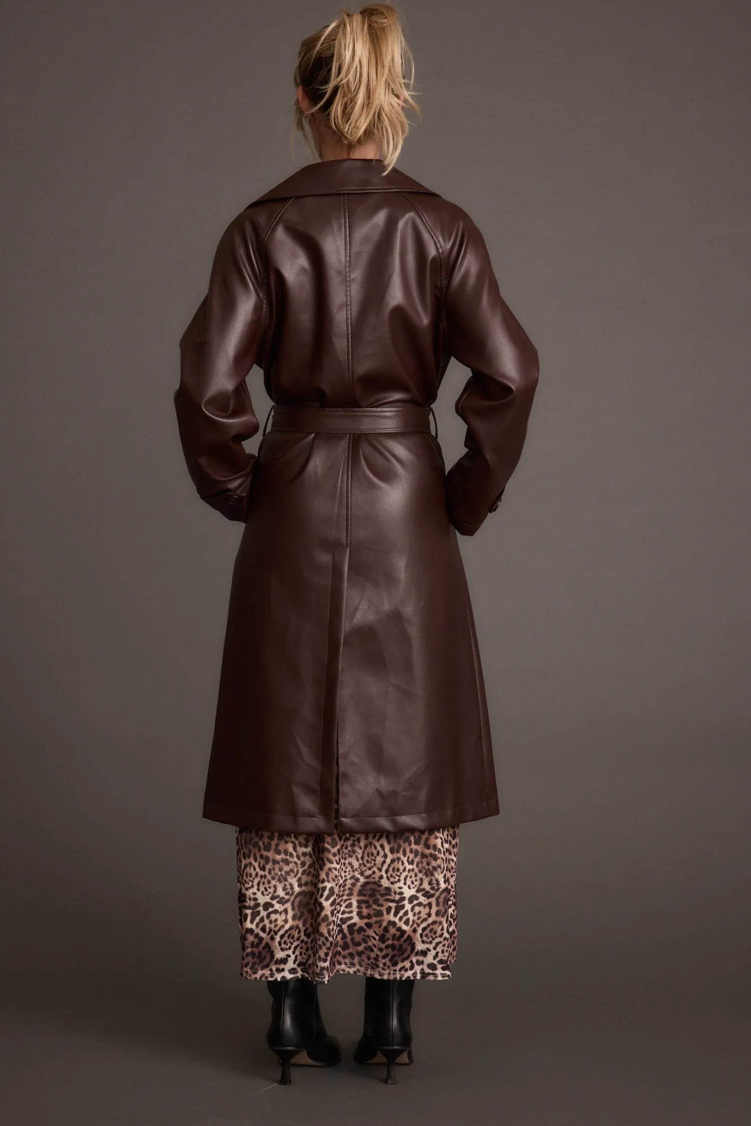 New Brynne Faux Leather Mahogany Brown Trench Outerwear|Jackets