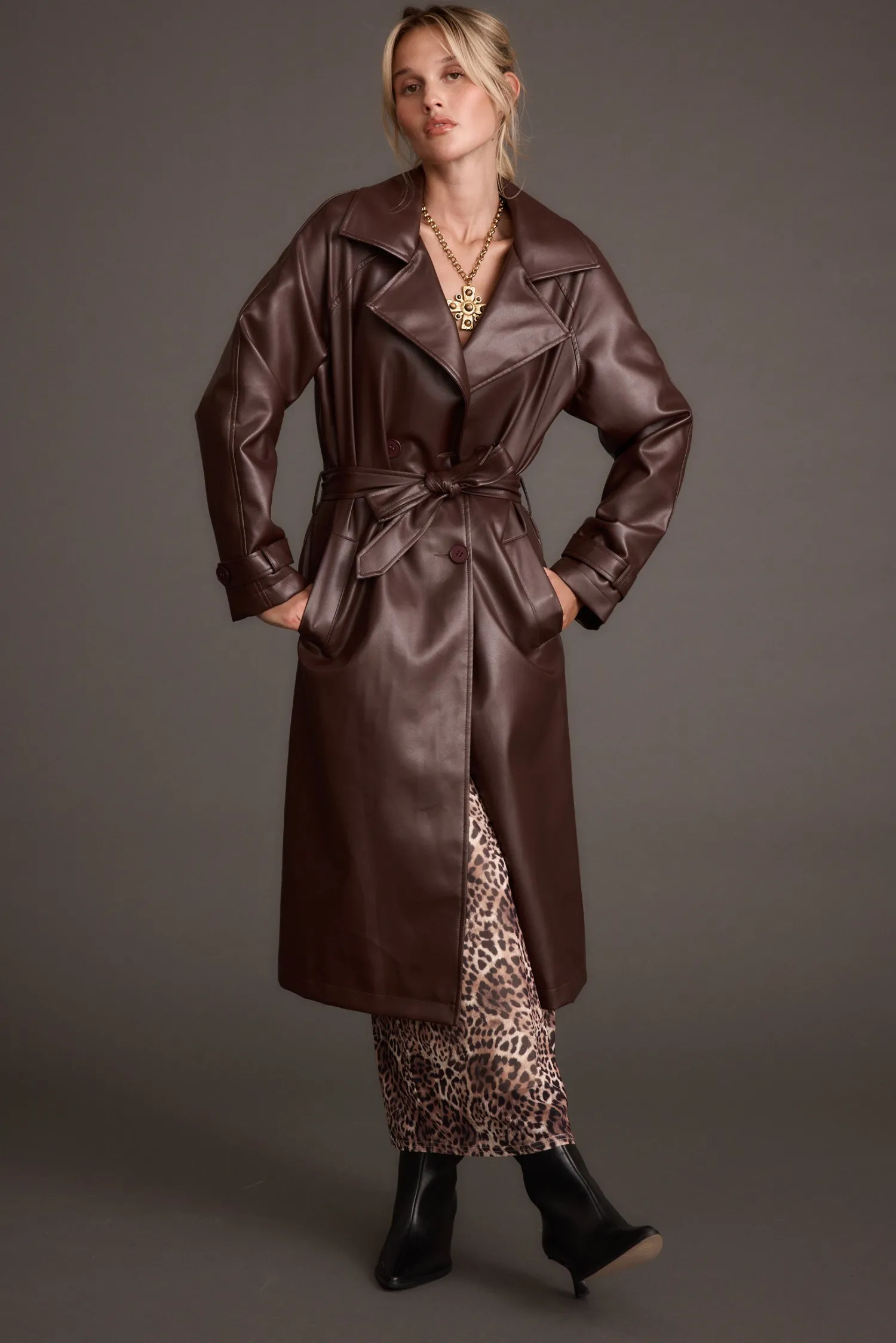 New Brynne Faux Leather Mahogany Brown Trench Outerwear|Jackets