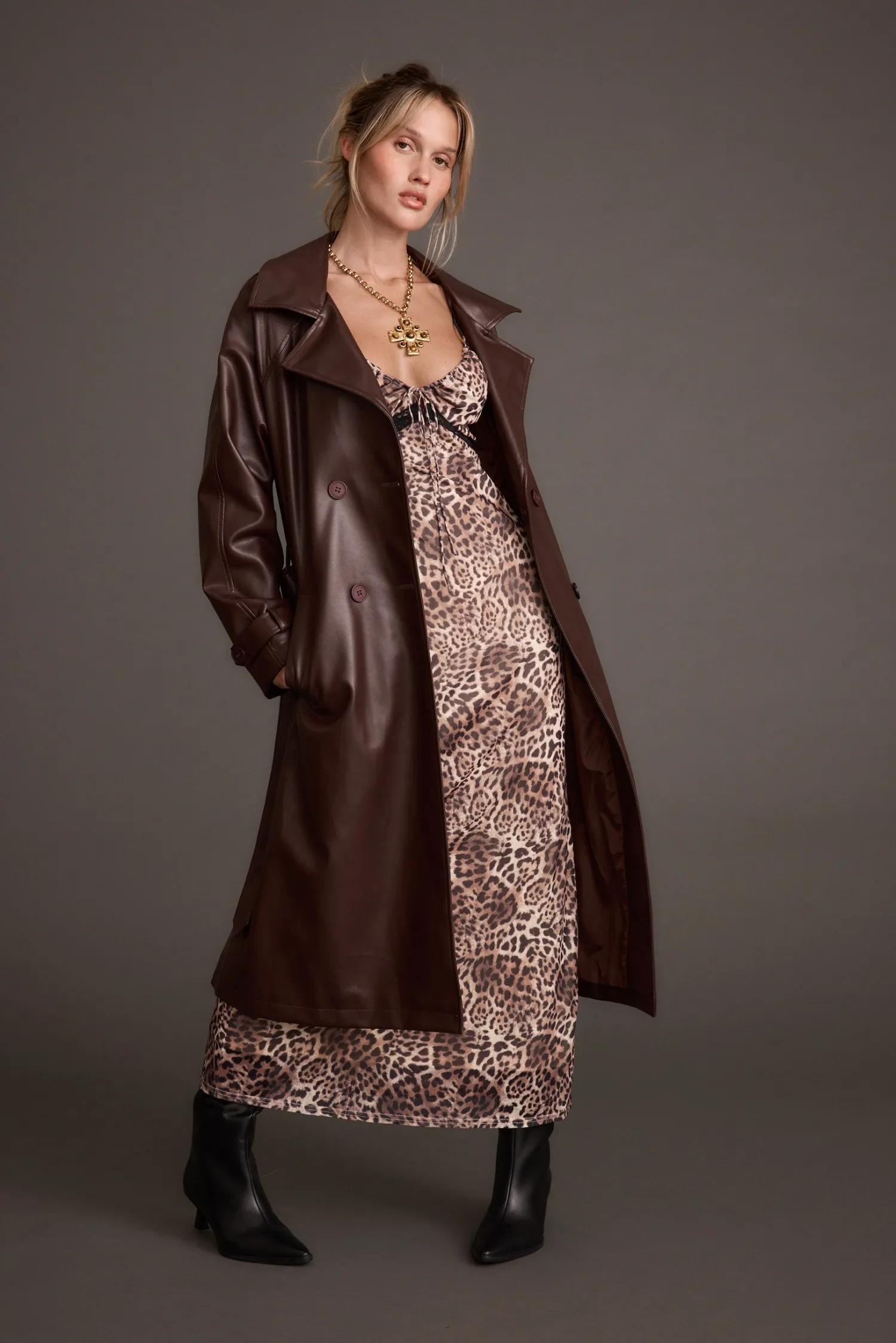 New Brynne Faux Leather Mahogany Brown Trench Outerwear|Jackets