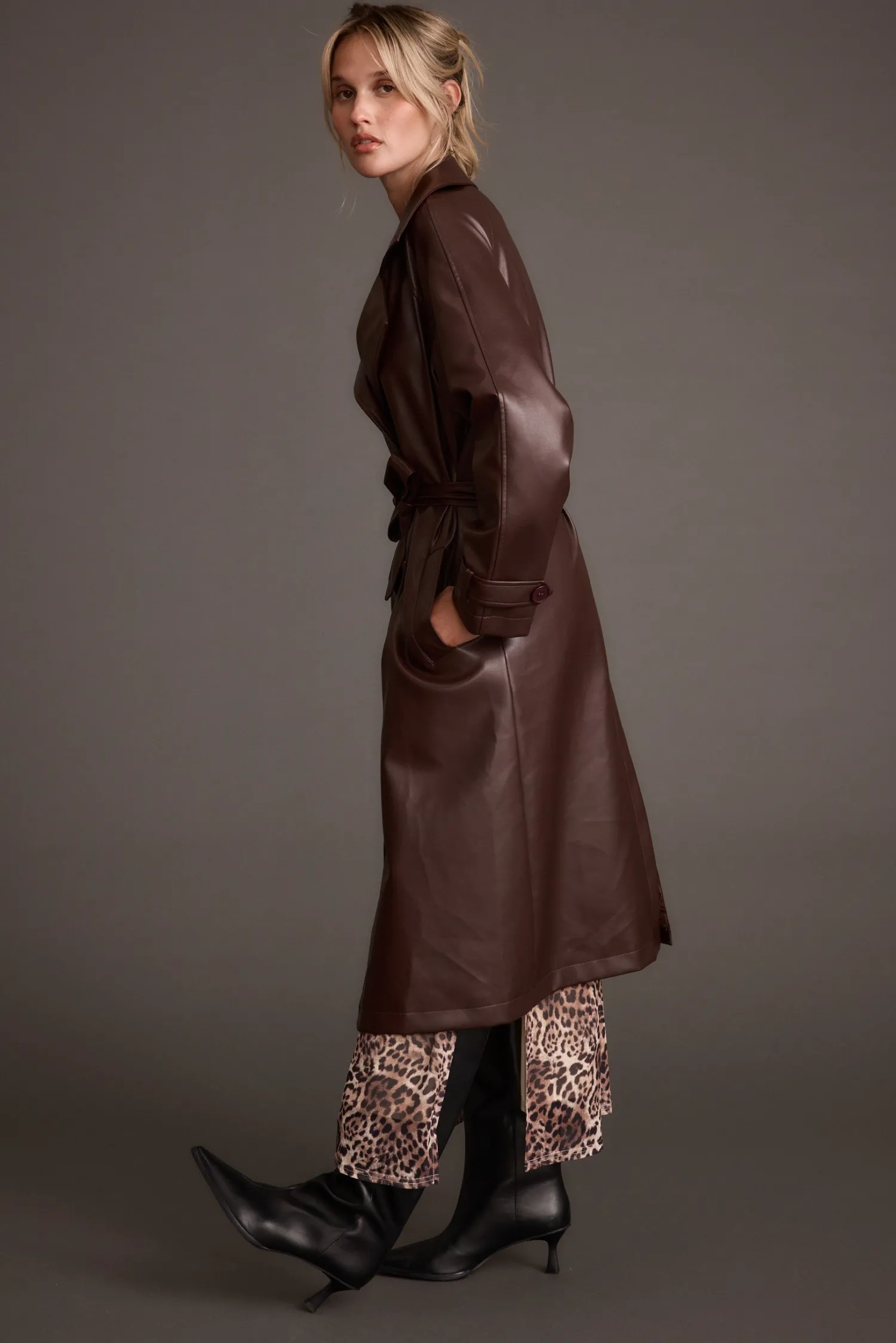 New Brynne Faux Leather Mahogany Brown Trench Outerwear|Jackets