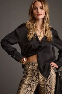 Fashion Cash Black Satin Button Down Top Workwear Tops|Long Sleeves
